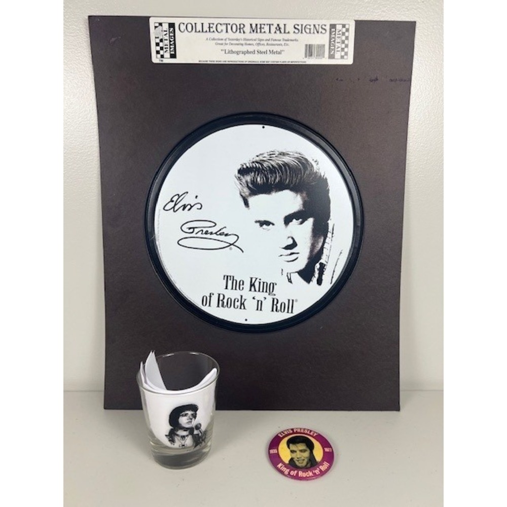 Elvis Presley Memorabilia Metal‎ Sign 2001 Vtg Glass 1978 Vtg Button 1977 Set 3